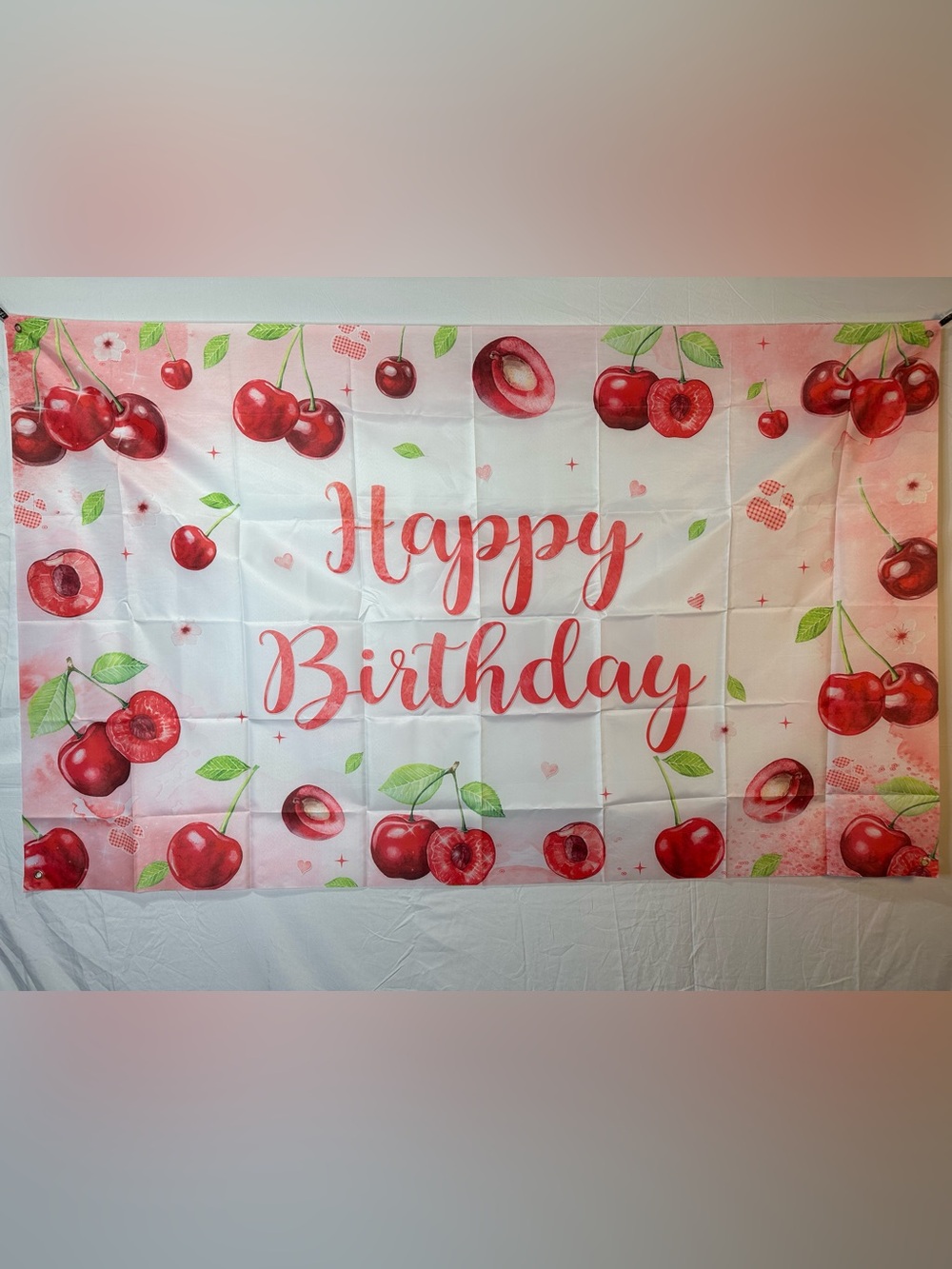Cute Red Cherry Happy Birthday Backdrop Banner 6x3.6Ft